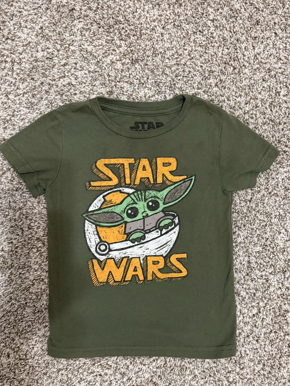 Star Wars Olive Green Kids Tee with Grogu Graphic and Yellow Logo